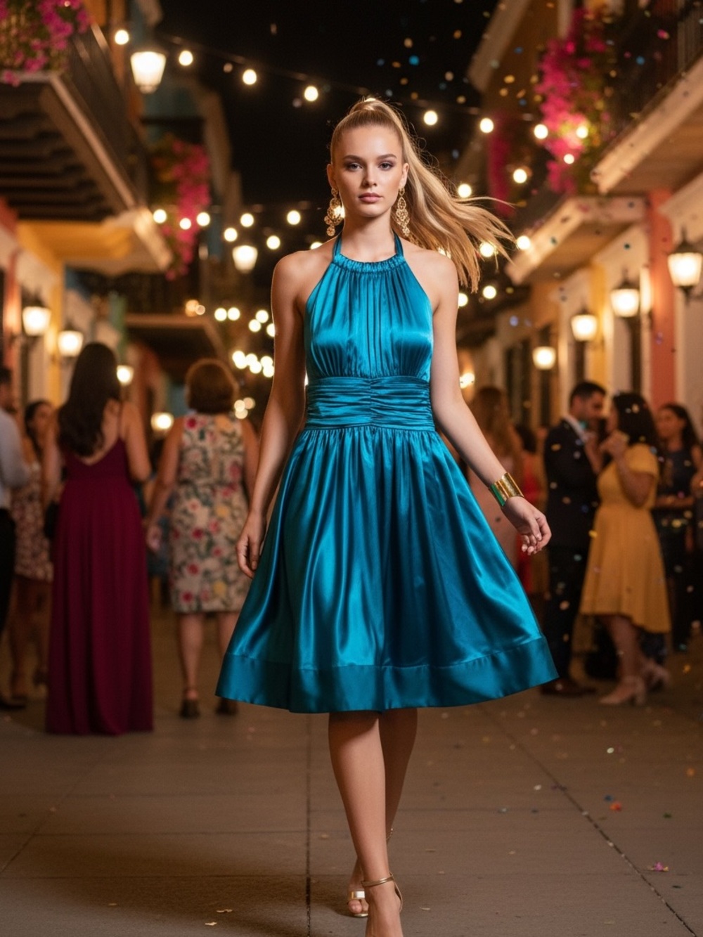 Vintage Cache 100% silk Teal Halter Cocktail Dress open back ruched waist size 2
